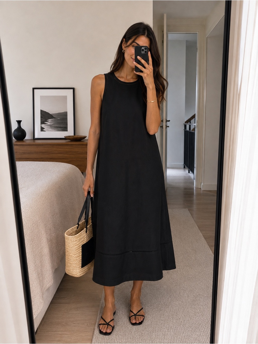 Theory Black Stitched Sheen Tank Embroidered City Poplin Midi Dress Size S NWT